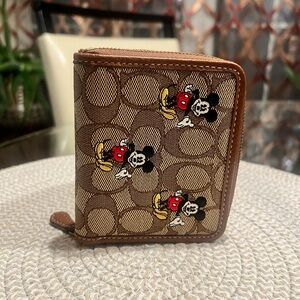 Coach Mickey Mouse Zip Wallet in Brown/Tan with Gold Hardware